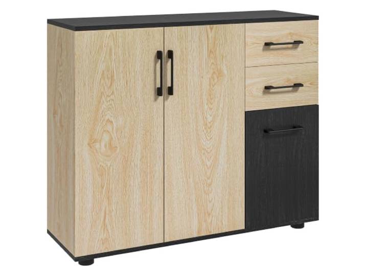 HOMCOM Buffet 3-türig, 90x30x75,5 cm, Schwarz Naturholz Aufbewahrungsschrank, 2 Schubladen, verstellbares Regal, Moderner Stil, Buffet für Esszimmer, Küche und Wohnzimmer