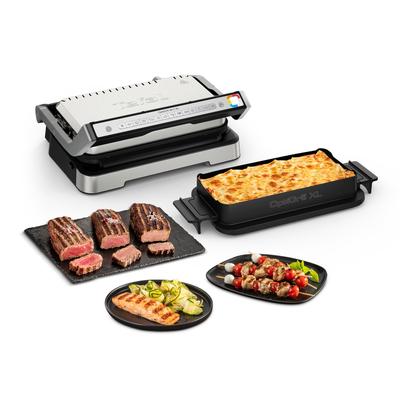 Kontaktgrill TEFAL "OptiGrill 4in1 XL, Grill/Barbeque/Backofen/komplette Mahlzeit", silber, B:29,8cm H:41,2cm T:50,7cm, Kontaktgrill_Standgrill_Tischgrill_Teppanyakigrill, für bis zu 8 Personen, spülmaschinenfeste Platten und Schalen, GC784D