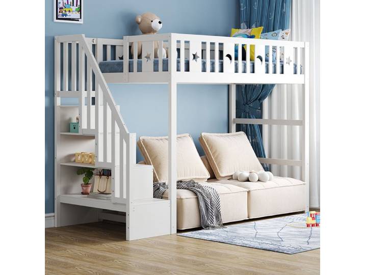 Lit mezzanine enfant 90x200 cm bois massif barrière sécurité échelle décoration étoiles lune blanc