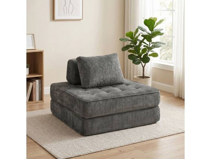 Fauteuil de sol convertible 2 en 1 – Chenille – Gris – lit une place pliable