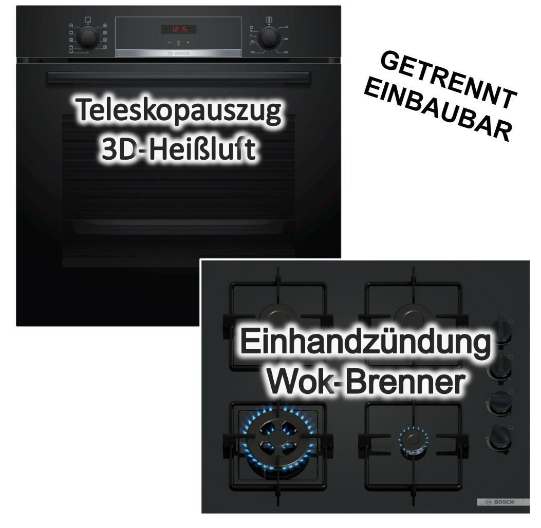 Bosch Herdset Backofen 3DHeißluft Hydrolyse EcoClean Teleskopauszug + Gaskochfeld Wokbrenner Zündsicherung