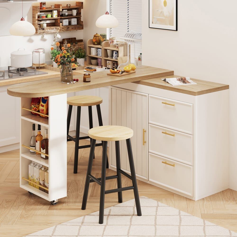 Urban Meuble Table de bar blanche effet bois avec plateau pivotant 360° modulable Blanc 203x90x39cm
