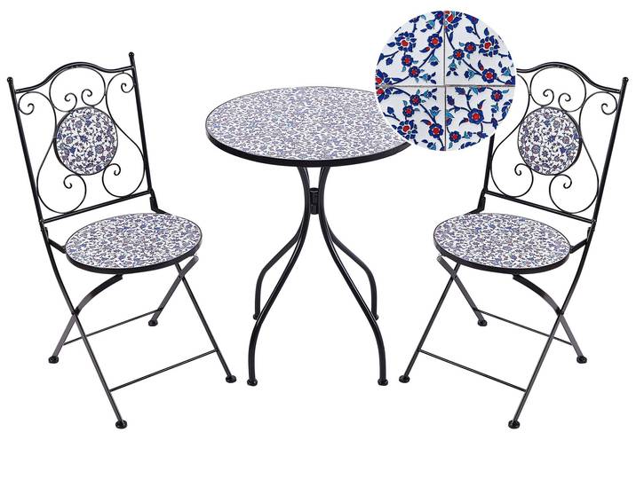BELIANI Balkon Set Blau Metall Mosaik Muster mit 2 Stühlen 1 Tisch Outdoor Terrassenmöbel Gartenmöbel Balkonmöbel