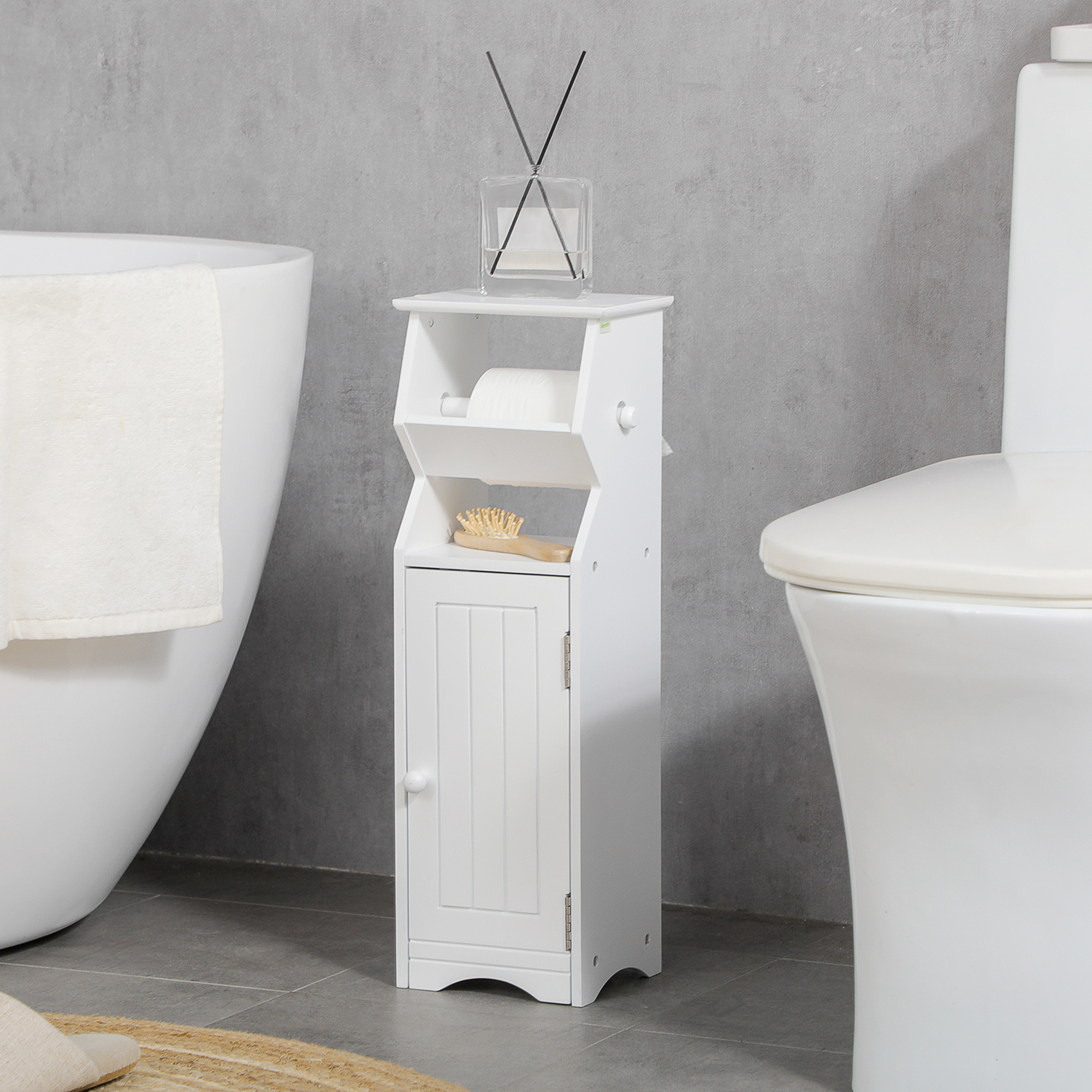 Kleankin Mobiletto da Bagno Salvaspazio in MDF Bianco con Spazio per Carta Igienica e Armadietto, 19x15x56 cm Aosom