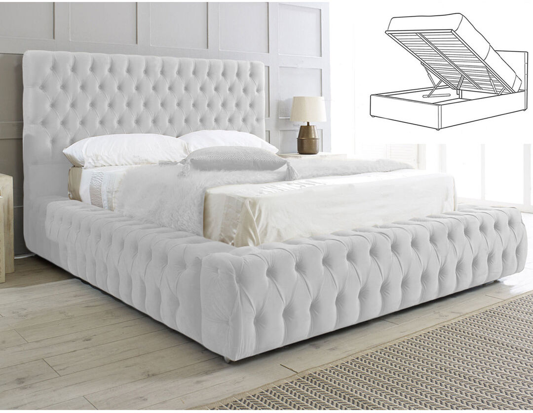 Britainsleep Elite Elegance Ambassador Ottoman Storage Bed - Premium Upholstered Velvet Bed Frame with Tall Headboard Ice Double (4'6)
