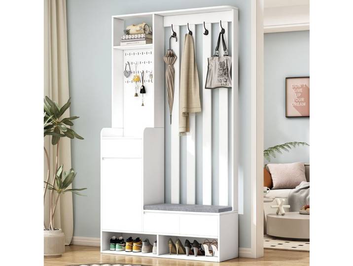 WOVREO Vestiaire d'entrée 100x35x180 cm avec banc à chaussures panneau perforé 4 crochets MDF blanc