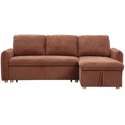 Ecksofa mit Schlaffunktion, umkehrbar, mit Stauraum, 3 Sitzer in Textur-Velours-Effekt gebrannte Erde und hellem Holz ORSO