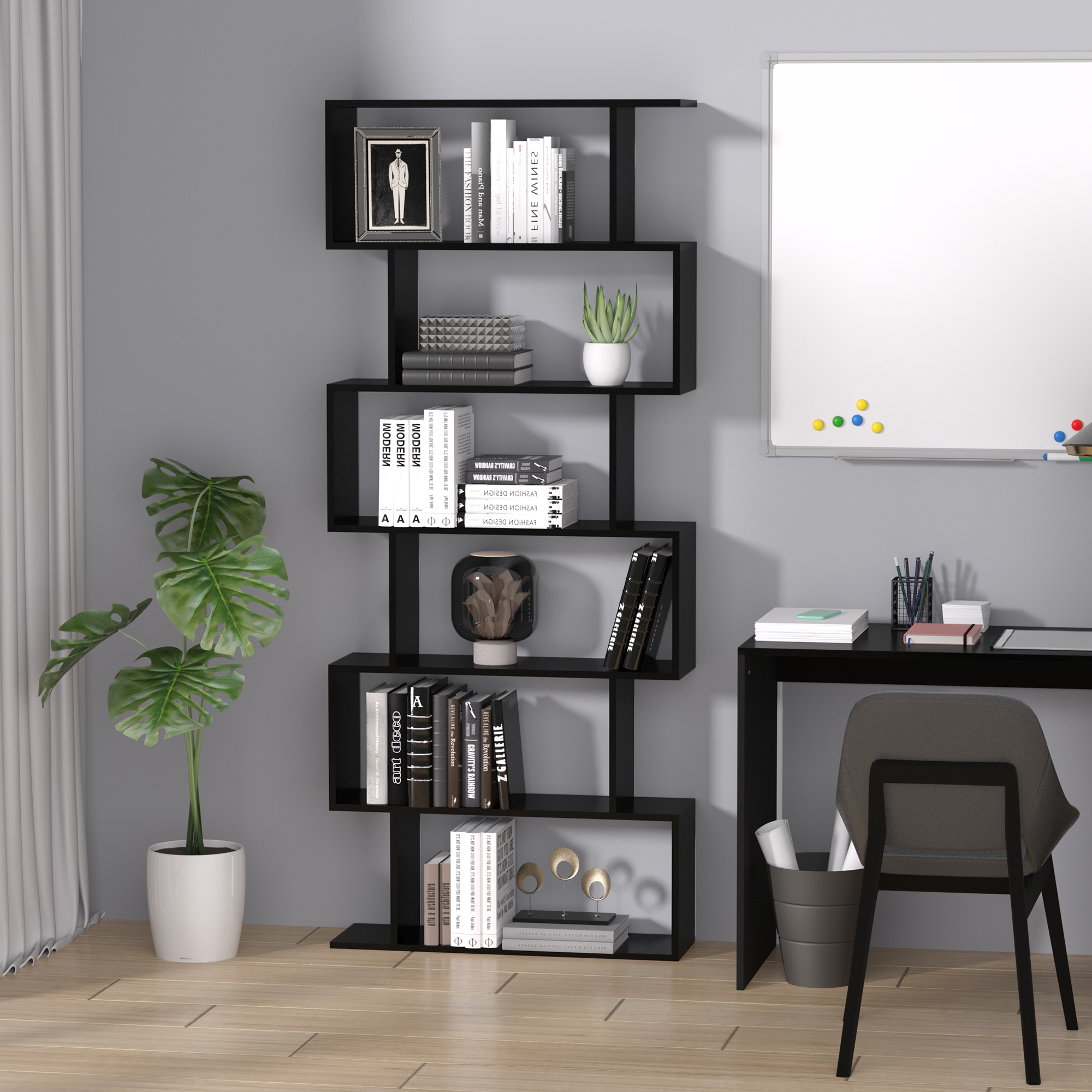 Homcom libreria in Legno, Scaffale a Ripiani, Mobile Guardaroba Contemporaneo Decorativo Autoportante a 6 Livelli, Nero 80 × 23 × 192cm Aosom
