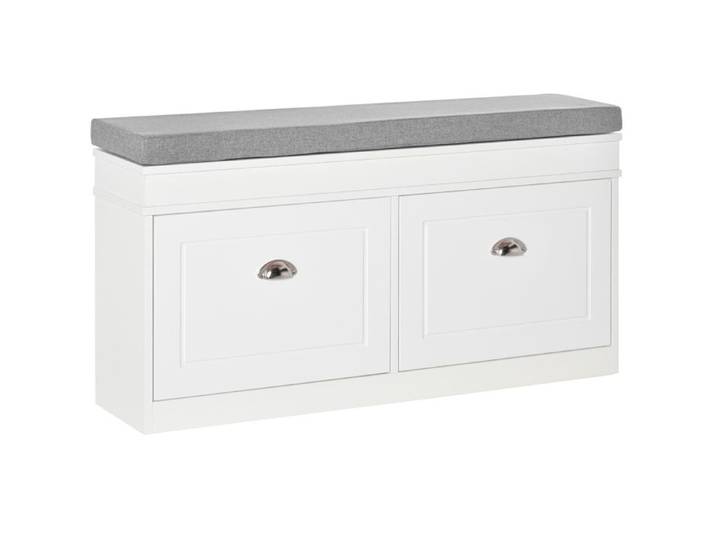 LIA Banc à chaussures en bois compact avec coussin 2 tiroirs et étagère réglable pour 8 chaussures 104x24x55 cm blanc