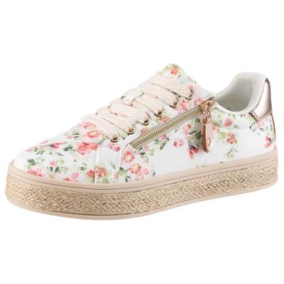 Plateausneaker ANISTON SHOES, Damen, Gr. 37, Textil, bunt (weiß geblümt), Lederimitat, Textil, geblümt, Schuhe Plateausneaker, Sneaker, Schnürschuh mit bunten Metallic-Besatz