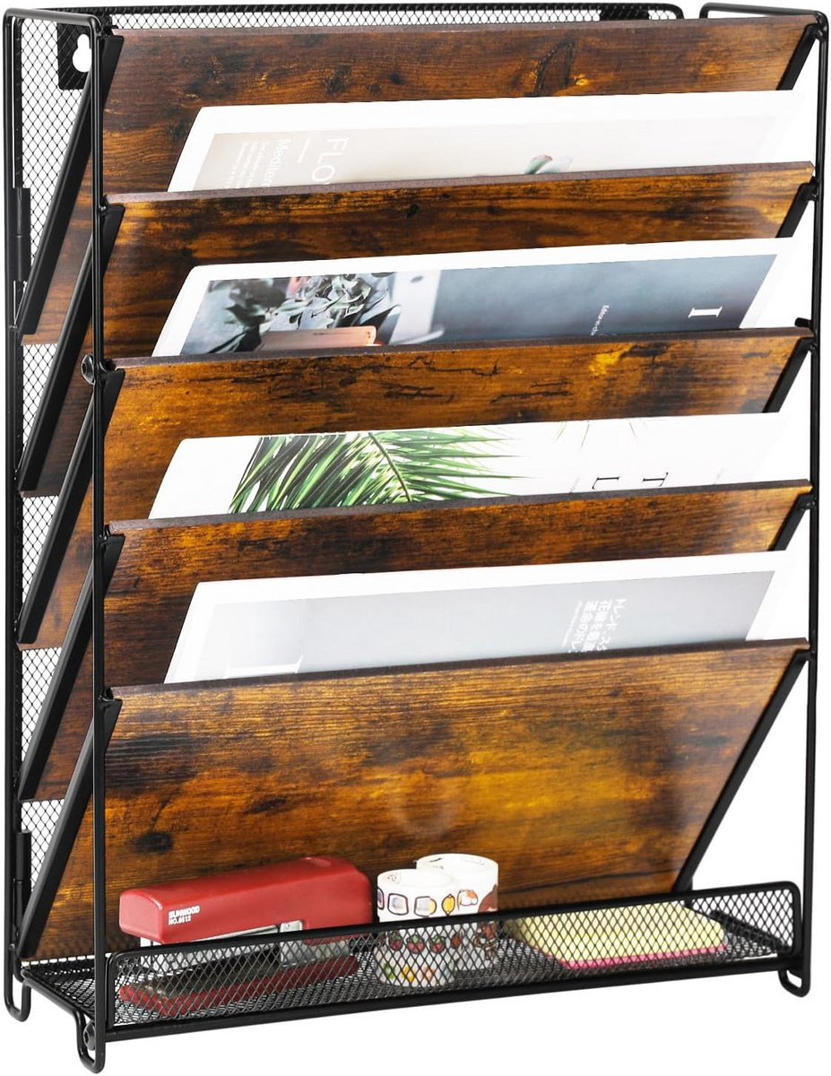 Zwarte Houten 6-Tier Muur File Organizer - Tijdschrifthouder voor A4 Papier en Documenten - Bureau Accessoires voor Kantoor en Thuis