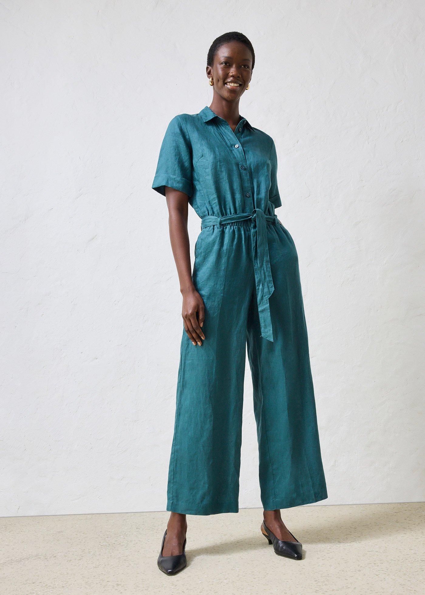 bonprix Jumpsuit aus reinem Leinen, petrol, Gr.46, eleganter Jumpsuit aus reinem Leinen, mit passendem Bindegürtel