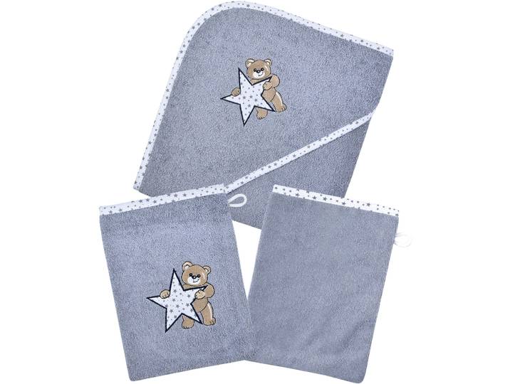 Handtuch Set WÖRNER Teddy/Stern Kapuzenbadetuch mit 2 Waschhandschuhen , grau, 3 Stk., Stern, Frottier, Frottier, Obermaterial: 100% Baumwolle, Handtücher, Handtuch Set, mit süsser Teddystickerei