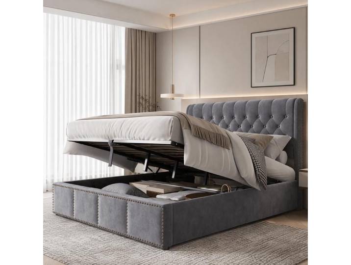 Lit coffre 160x200 cm lit double capitonné - décoration rivetgris - Lit en velours Gris