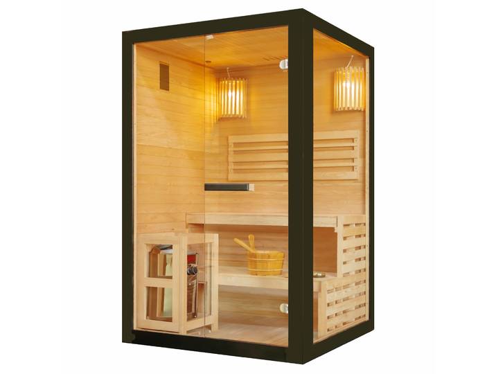 Sauna SANOTECHNIK PANORAMA black , braun (holzfarben), Saunaofen, integrierte Steuerung, 3,5 kW, Saunen, Sauna