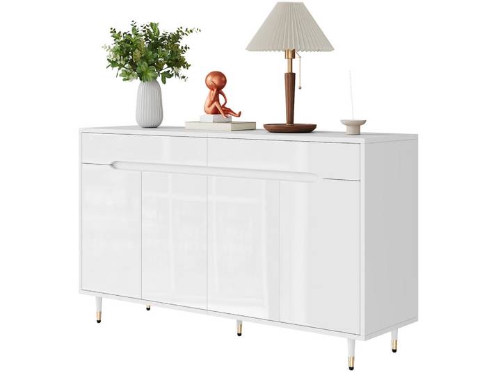 Redom Schuhschrank 140/39/84 cm aus Spanplatte mit 2 Türen, 2 Schubladen und verstellbaren Einlegeböden, Weiß/Gold, 140x84x39 cm, Garderobe, Schuhaufbewahrung, Schuhschränke