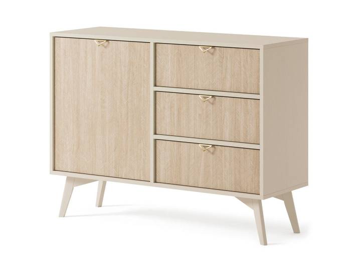 Ravio Kommode Silva 106 cm in Sandbeige + Scandi-Fischgrätmuster mit Türen und Schubladen, Beige, Holz, 2 Fächer, 3 Schubladen, 106x81x38 cm, Kleinmöbel, Kommoden, Kommoden