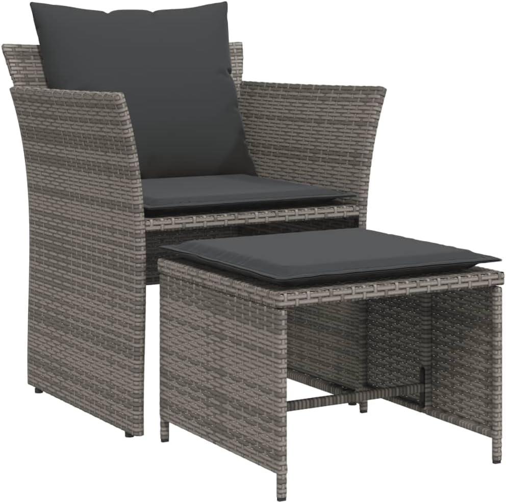 Gartensessel mit Fußhocker in Grau, Gartenstuhl aus Polyrattan mit Kissen, Sessel und Fußstütze für Garten, Balkon und Terrasse, Gartenmöbelgarnitur