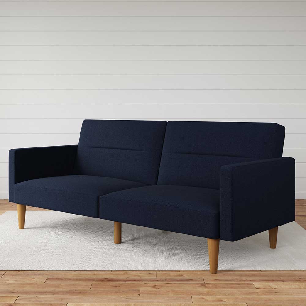 Pharao24.de Ausklappbares Sofa Retrostil in Dunkelblau Fußgestell aus Holz