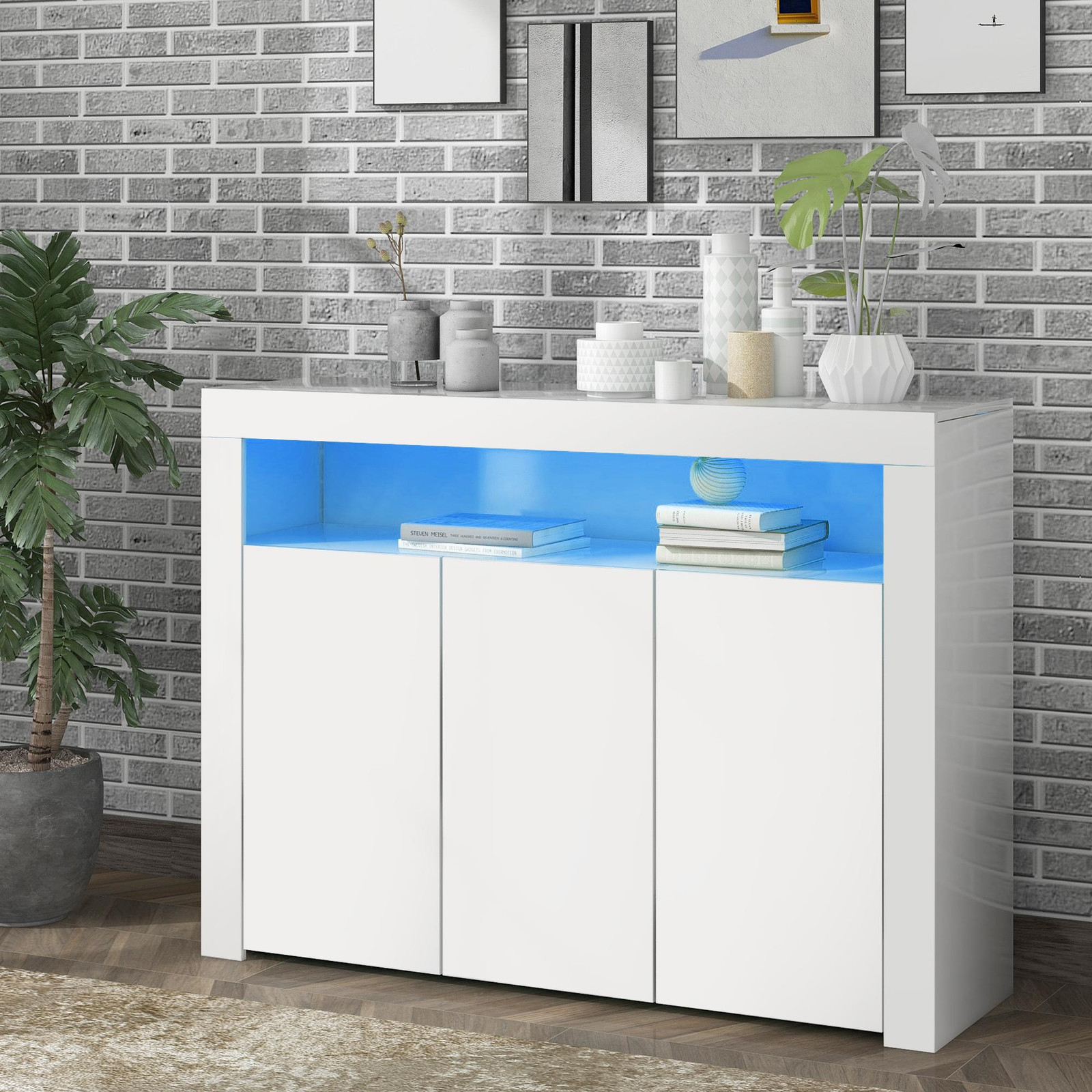 Merax modern glanzend dressoir met LED-verlichting en 3 deuren, wit