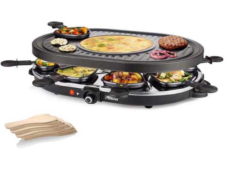 Princess Gourmetstel 162700 - Raclette Oval Grill Party - Speciaal crêpegedeelte - 8 personen - 43 x 30 cm - 2 meter snoer - 1200W - Regelebare thermostaat - 8 pannetjes