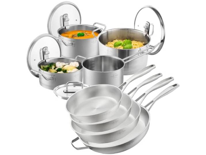 SILBERTHAL Pfannen und Topfset 14-teilig Unbeschichtet Edelstahl Induktion Vierzehn Teile, die größte Grundausstattung der Serie. Vier Töpfe mit Glasdeckel, auf jedem Herd