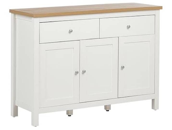 Schmales Sideboard weiß / heller Holzfarbton mit 2 Schubladen 3 Türen Atoca