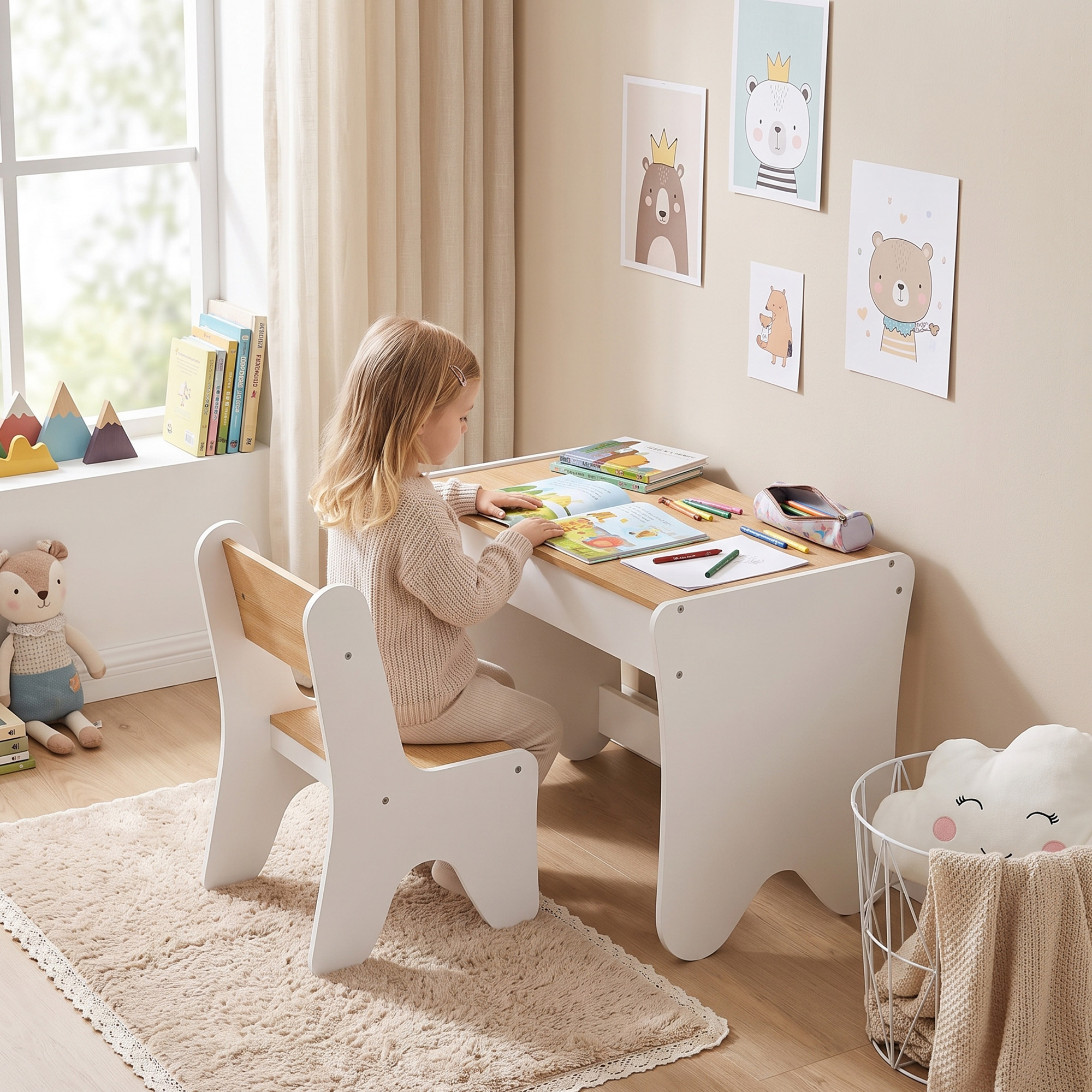 Aiyaplay Set Tavolo Bambini con Sedia, Cassetto, 3-8 Anni, Bordi Arrotondati, per Cameretta, Soggiorno, Asilo, Bianco   Aosom Italy