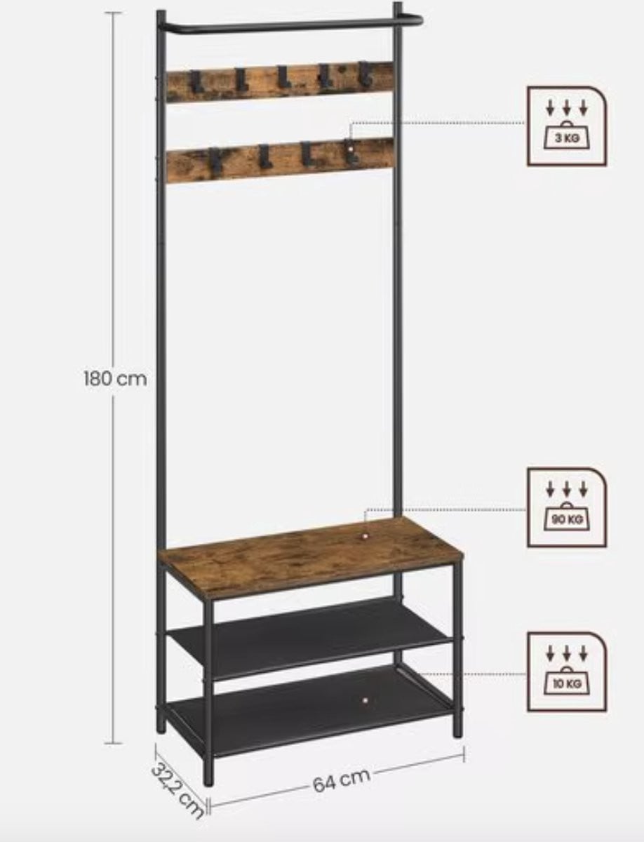 J&R Industrieel Kledingrek en Schoenenrek met Haken en Stang - Bruin/Zwart - Hout en Metaal