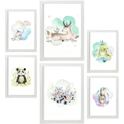 POSTER Set Mit 6 Tierfamilien Weißer Hintergrunddruck Mit Tierfamilienthemen Im Pastell Aquarell Stil Innenarchitektur A3 & A4 Weißer Rahmen