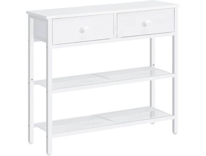 Table Console Longue - Meuble industriel avec 2 tiroirs en non-tissé et 3 étagères ouvertes - Blanc pour entrée et chambre