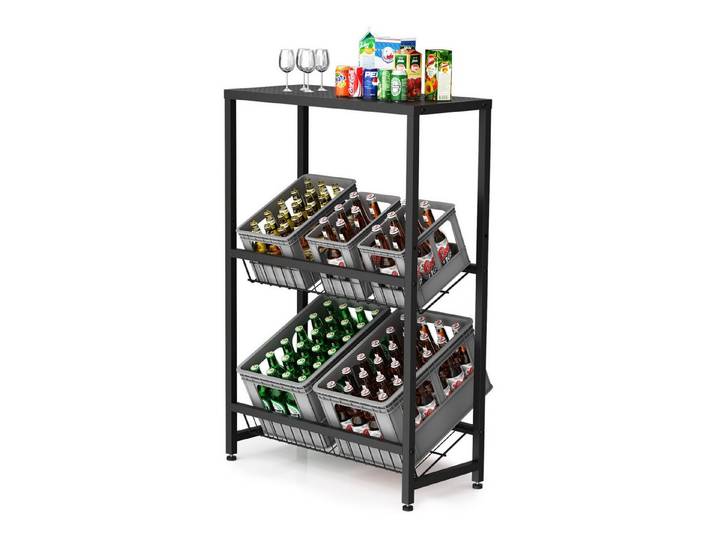 Rainsworth Standregal Getränkekistenregal mit Gitterhalterung, Weinkisten Wasserkasten Weinregal Getränkeregal mit Verstellbaren Füßen, Schwarz, 103cm Kistenregal für 6-8 Kisten, Regal für Getränkekisten