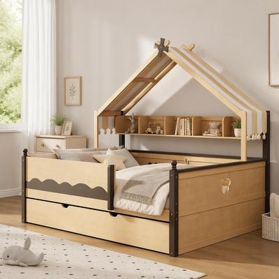 Full Size House-Shaped Daybed with Built-In Bookshelf