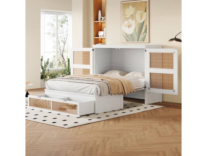 HOMVRA Lit escamotable 140x200 cm lit adulte avec 2 tiroirs de rangement en bois blanc (sans matelas)