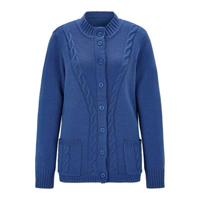 Strickjacke GOLDNER "Cardigan mit Zopfmuster", Damen, Gr. 38, blau (dunkelblau), Obermaterial: 70% Polyacryl PAN. 30% Schurwolle WV., figurumspielend, Rippbündchen, Strickjacken Strickjacke, Zopfmuster im Vorderteilund aufgesetzte Taschen