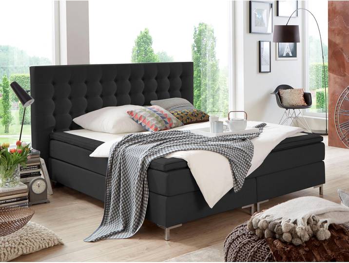 Boxspringbett Anni , schwarz, B:180cm L:213cm, Bezug: Strukturstoff (100% Polyester);Bezug Matratzenspiegel: Jersey (100% Polyester);Bezug Topperspiegel: Jersey (100% Polyester), ATLANTIC HOME COLLECTION, Komplettbetten, Boxspringbett, mit Bonnell-Federkernmatratze und Topper