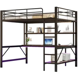 MODFU Hochbett 140x200 cm mit Geländer, Trittleiter, USB und Steckdose, LED-Beleuchtung, Schreibtisch, Regal, Schwarz
