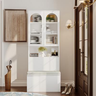 Timechee Closet Entryway Storage Bench with Cabinet, White Hall Tree Mudroom Shoe Storage Bench with Cushion & Hidden Storage Organizer