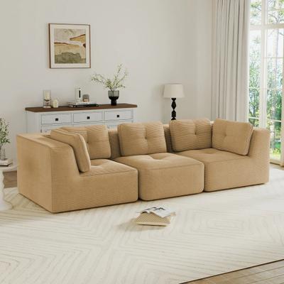 TOP_RATED 3-Seater Modular Sectional Sofa Corduroy Deep Seat with Piping Tan