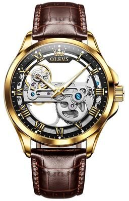 Everyday Crate OLEVS 6661 Automatic Mechanical Watch Mens Leather Dress Watch Waterproof Luminous Timepiece black + Gold