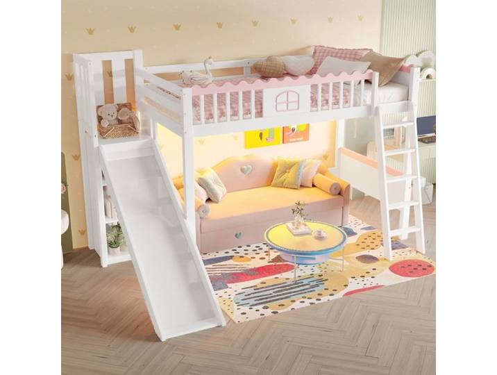 Lit mezzanine Avec lumières LED Avec étagères Avec toboggan Blanc Lit enfant Fantasy LED barre de lumière lit mezzanine
