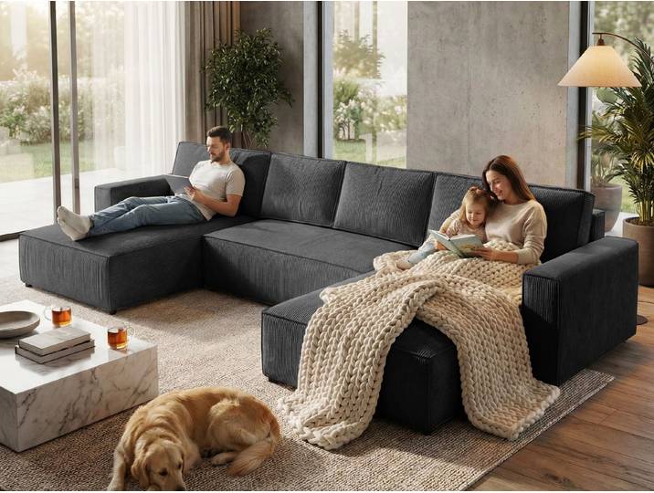 Beautysofa Ecksofa U-Form Parys, mit Schlaffunktion, Bettkasten, Viele Farben zur Auswahl, POSO-Cordstoff