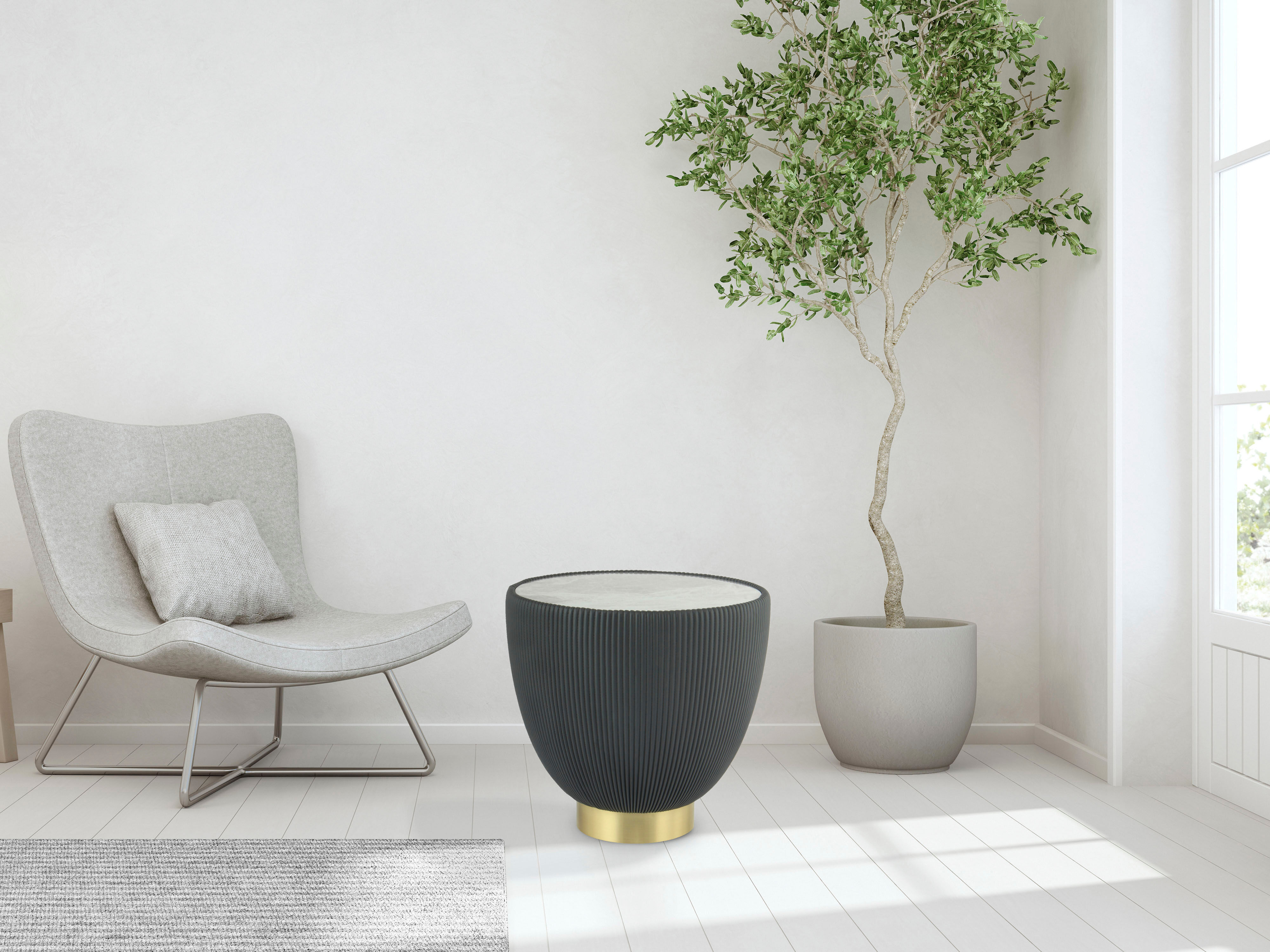 Beistelltisch KAYOOM "Jokai 125, praktische Ablagefläche, robust, Eisengestell", grau (grau, gold, weiß), B:47cm H:45cm T:47cm, 100% Eisen, 100% PU, 100% gesinterter Stein, 100% MDF, Tische, Beistelltisch, dekorativ, stilvoll, robust, gesinterte Steinplat