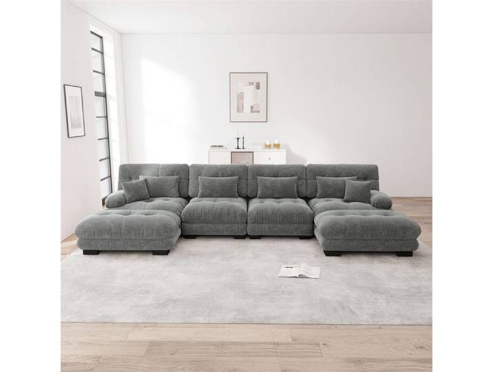 DRIPEX Canapé Modulaire 4/5 Places en U Tissu en Chenille Gris Cadre en Bois Massif 4 Coussins lombaire+2 Coussins