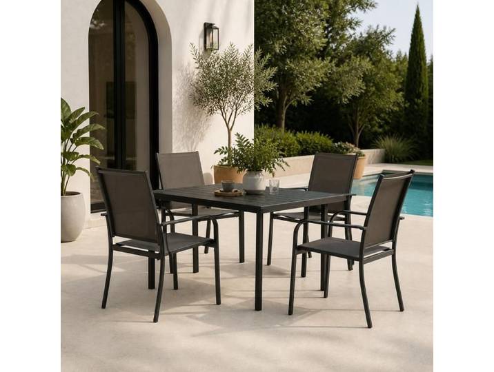 Chaise d'extérieur - PAGE LIVING - PAGE Living - Lot de 4 empilables - Dossier haut & accoudoirs - Cadre métal gris