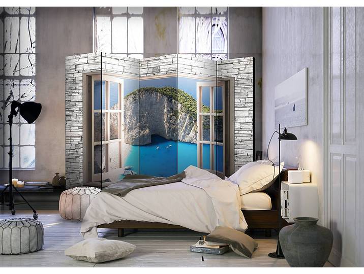 Paravent Azure Paradise 1-seitig Vlies auf Kiefer Massiv Blau 225 x 172 x 3cm