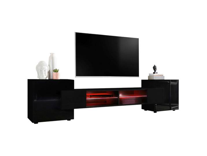 Komodee Lowboard Merano Black, LED Beleuchtung Mehrfarbige, Schwarz, Schwarz, Schwarz, 4 Fächer, Rechteckig, 230x52.5x35 cm, Wohnzimmer, TV Möbel, Lowboards, Lowboards stehend