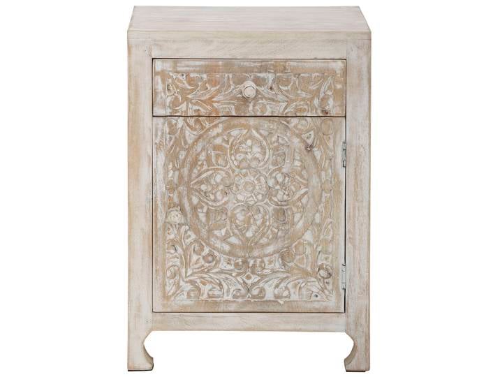 Nachtkommode GOODPRODUCT Bonstetten , beige (naturfarben), B:50cm H:70cm T:40cm, Massivholz, Sideboards, Nachtkommode, pflegeleichtes Mangoholz, mit dekorativen Schnitzereien, Breite 50 cm