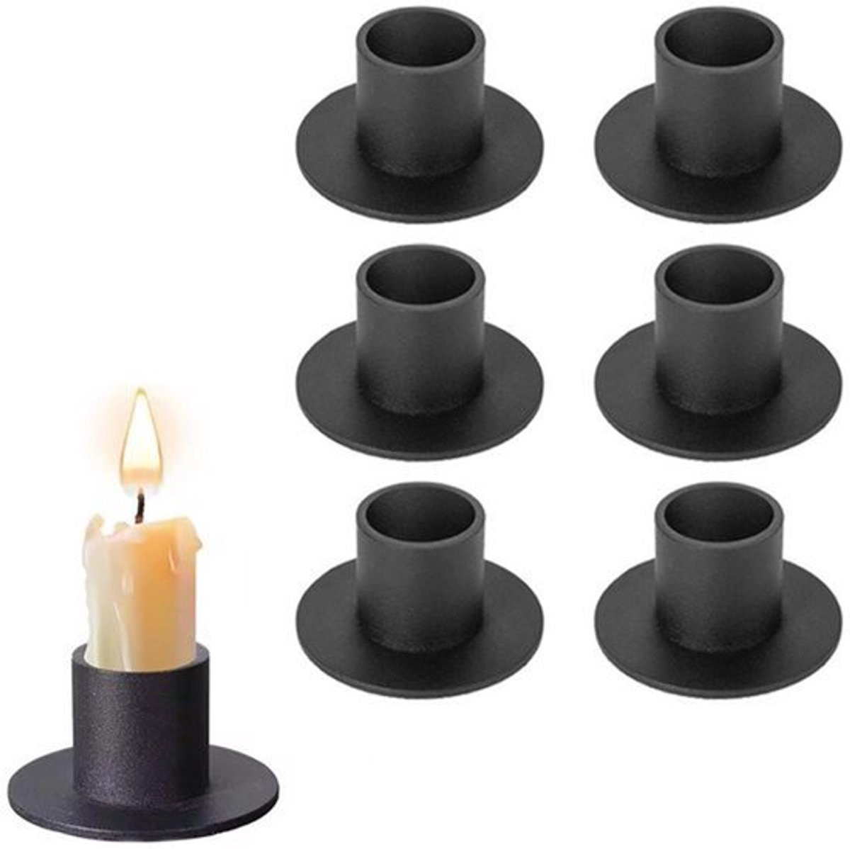 Set van 6 matzwarte kandelaars voor kegelvormige en LED-kaarsen