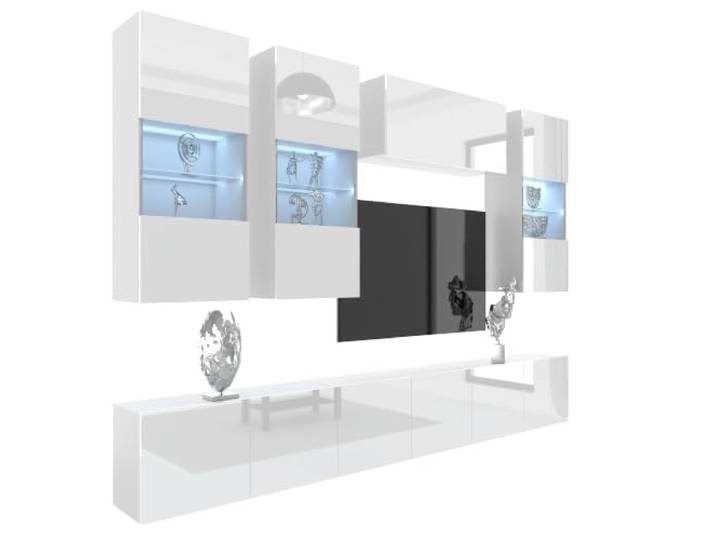 Belini Milano 5 Wohnwand Schrankwand TV-Schrank 300cm Weiß Hochglanz Wohnwand mit grifflosem System, weiße Korpusse, DECOR ECONATURA kratzfest, Gasliftsystem, Wandmontage, Anbauwand, TV-Möbel